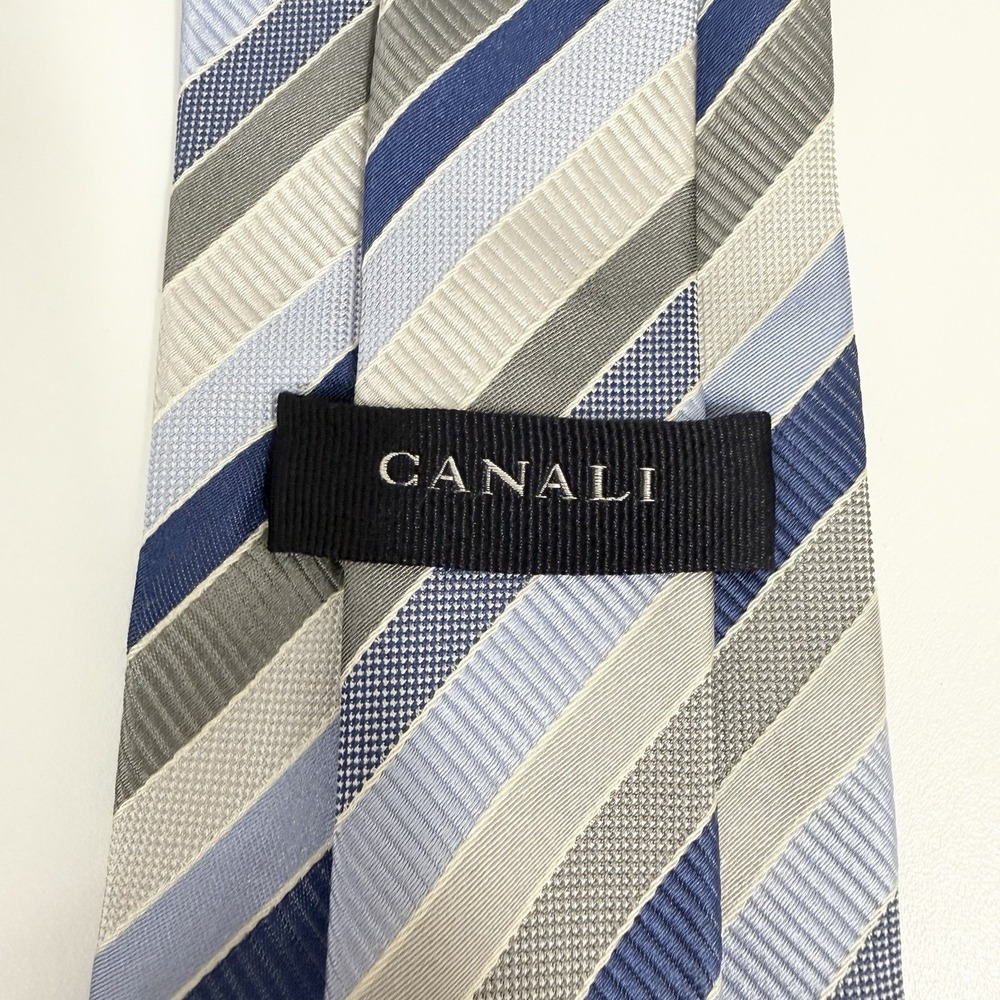 Canali Men's Recent Tie Navy & Taupe Striped Satin Italy 3.5" (W) x 60" (L) euc